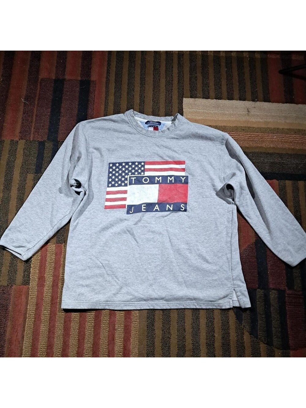 Vintage Tommy Jeans USA Flag Logo Gray Long Sleeve Shirt L